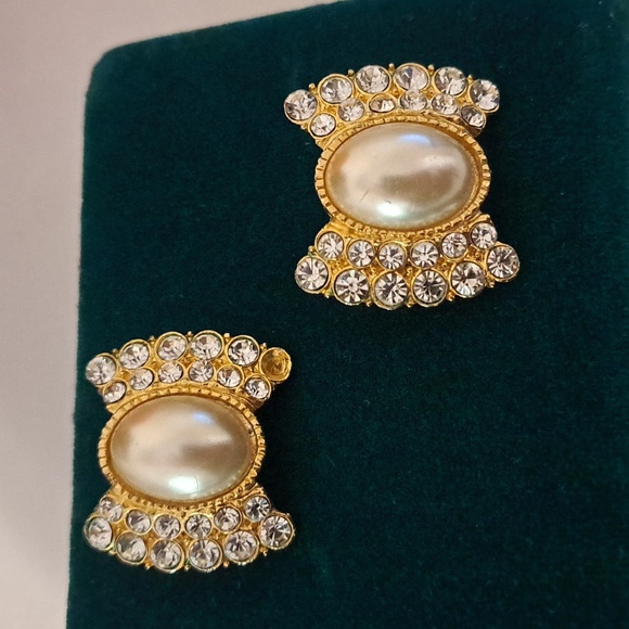 Vintage Gold and Rhinestone Pearl Pave Earrings - Picture 2 of 5